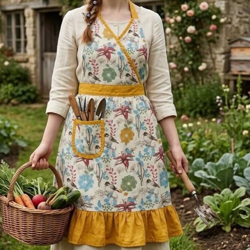 Vintage Style Cottagecore Bird & Floral Ruffle Apron  rustic prairie